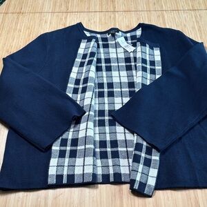 Ann Taylor Navy and White Checkered Cardigan